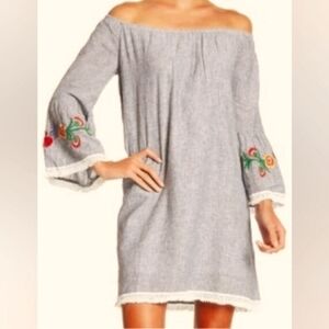Beach Lunch Lounge Nala Embroidered Flower Sleeve Linen Blend Dress Sz Med